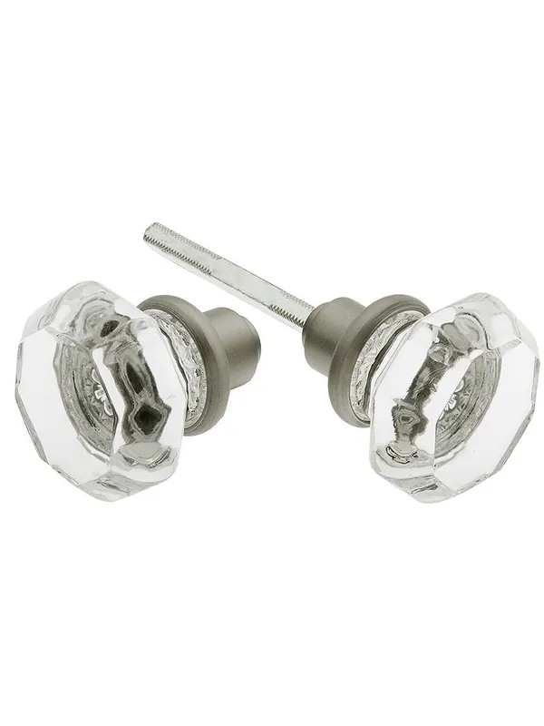 Big Sale Pair of Octagonal Glass Door Knobs With Solid Brass Shank - Satin Nickel