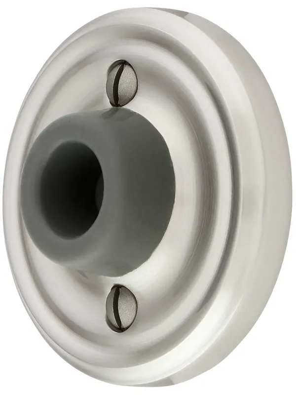 Affordable Wall-Mount Door Stop with Classic Rosette and Rubber Bumper - Satin Nickel