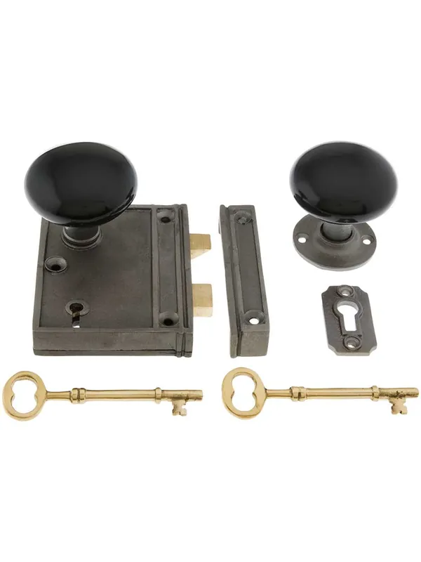Cast Iron Vertical Rim Lock Set with Black Porcelain Door Knobs - Antique Iron - https://schema.org/In Stock Bargain