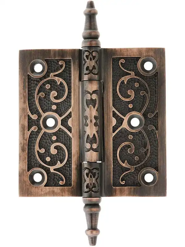 3 1/2" Solid Brass Steeple Tip Hinge With Decorative Vine Pattern - Antique Copper Viral