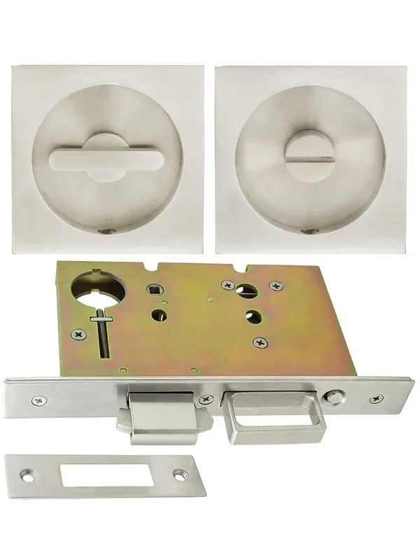 Premium Privacy Pocket-Door Mortise Lock Set with Square Pulls - Satin Nickel Brand New