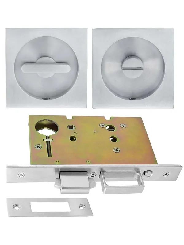 Worldwide Shipping Premium Privacy Pocket-Door Mortise Lock Set with Square Pulls - Satin Chrome