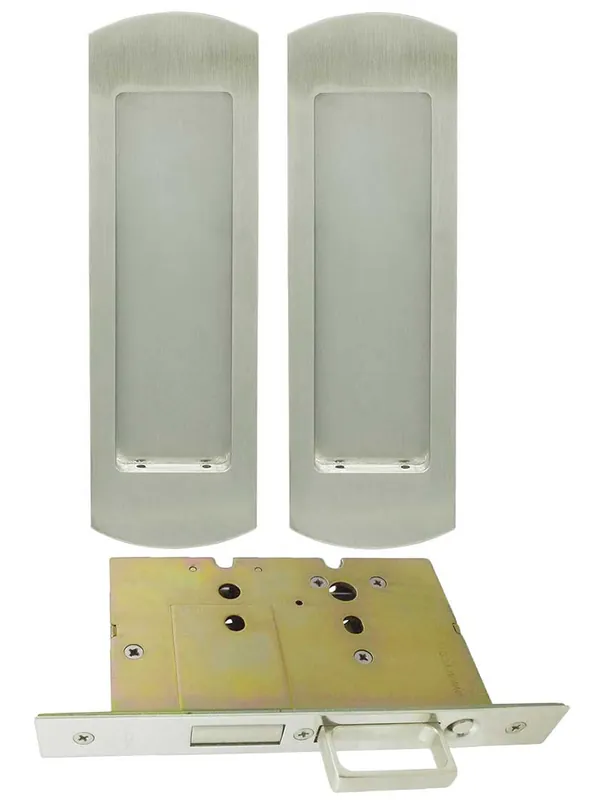 Fast Shipping Premium Dummy Pocket-Door Mortise Lock Set with Rounded Pulls - Satin Stainless Steel