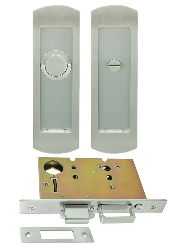 Authentic Premium Privacy Pocket-Door Mortise Lock Set with Rounded Pulls - Satin Stainless Steel