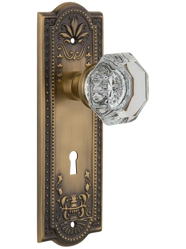 Handmade Meadows Design Mortise Lock Set With Waldorf Crystal Knobs - Antique Brass
