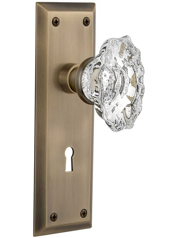 Genuine New York Style Mortise-Lock Set with Chateau Crystal Glass Knobs - Antique Brass