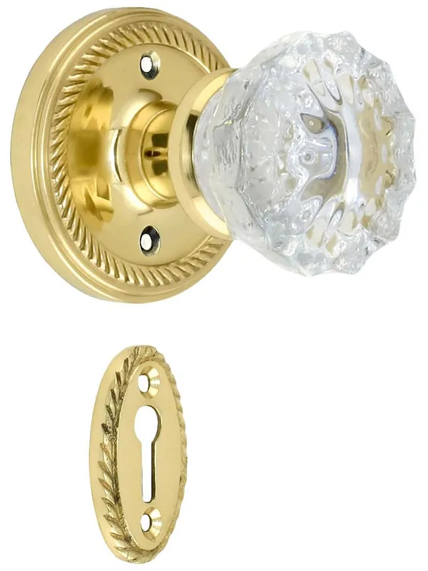 Rope Rosette Mortise Lock Set With Fluted Crystal Door Knobs - Polished Brass Price Drop