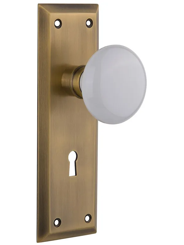 New York Mortise Lock Set With White Porcelain Door Knobs - Antique Brass Flash Sale