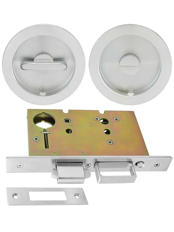 Worldwide Shipping Premium Privacy Pocket-Door Mortise Lock Set with Round Pulls - Satin Chrome