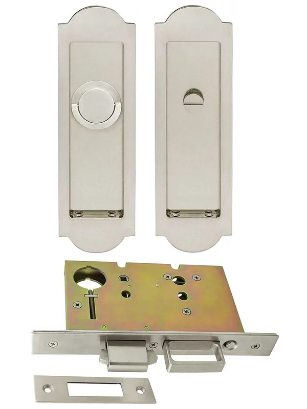 Discount Premium Privacy Pocket-Door Mortise Lock Set with Arched Pulls - Stainless Steel