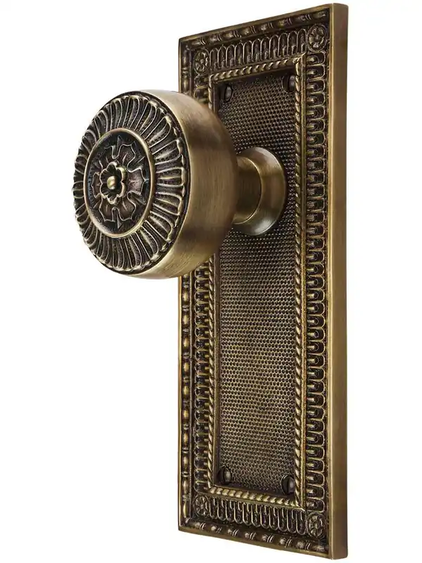 Price Cut Pisano-Design Door Set with Matching Knobs in Antique-By-Hand - Privacy - 2 3/4