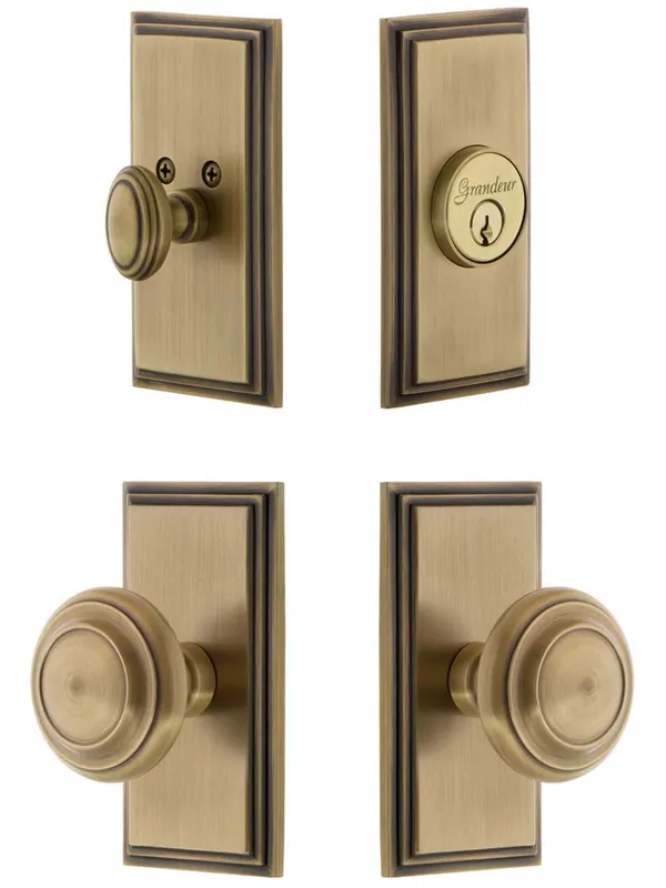 Original Grandeur Carre Entry Door Set with Circulaire Knobs - Antique Brass - 2 3/8" backset