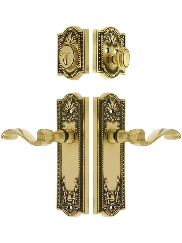 Mega Sale Grandeur "Parthenon" Entrance Door Set With Portofino Levers - Antique Brass - 2 3/8" backset