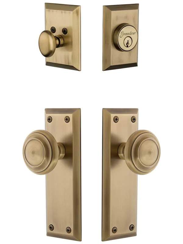 Grandeur Fifth-Avenue Entry Door Set with Circulaire Knobs - Antique Brass - 2 3/8" backset Secure Checkout
