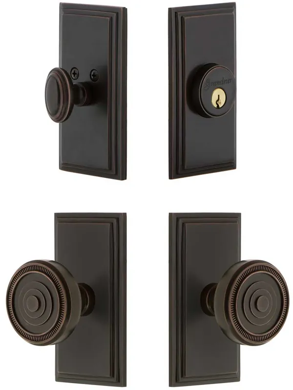 Grandeur Carre Entry Door Set with Soleil Knobs - Timeless Bronze - 2 3/8" backset Fresh Stock