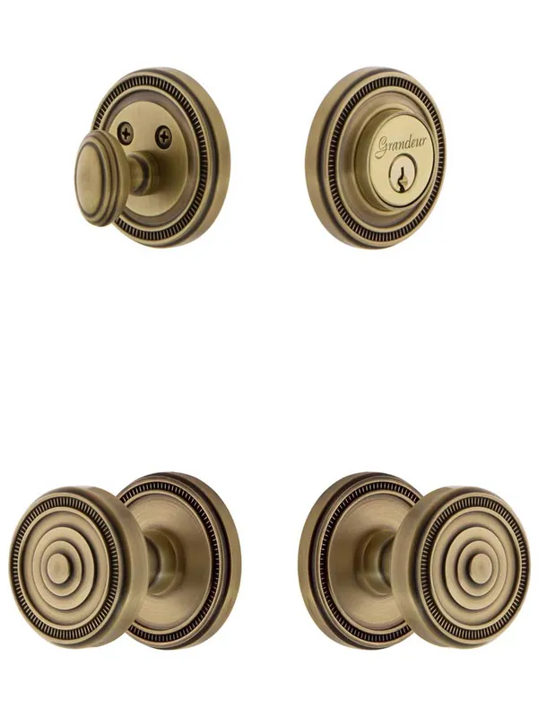 Grandeur Soleil Entry Door Set with Soleil Knobs - Antique Brass - 2 3/8" backset Last Chance