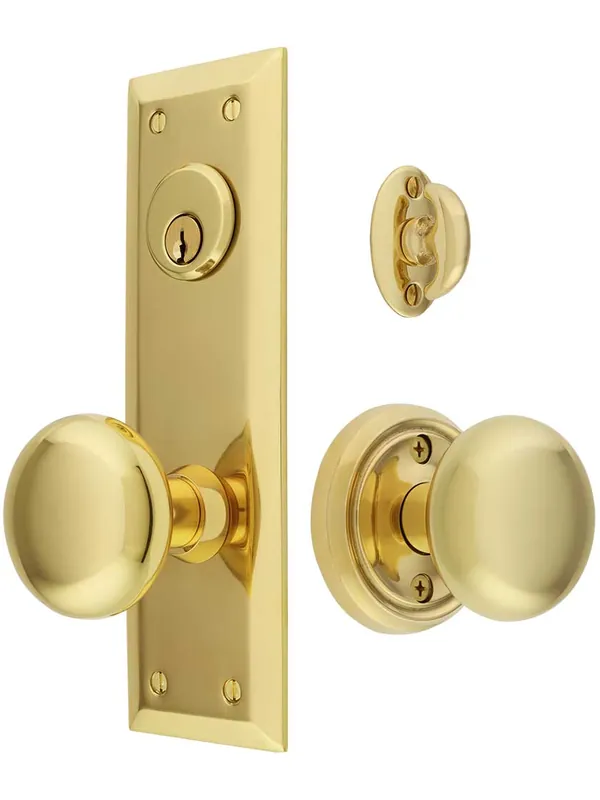 Bargain New York Large-Plate Mortise Entry Set with Rosette Interior - Un-Lacquered Brass - 2 3/4" backset