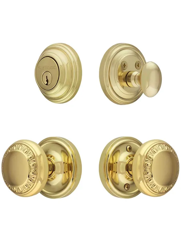 Exclusive Offer Classic Rosette Entry Set with Ovolo Knobs - Un-Lacquered Brass - 2 3/8" backset