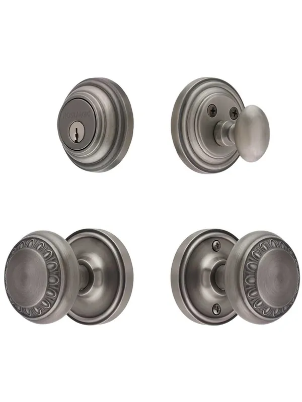 Classic Rosette Entry Set with Ovolo Knobs - Antique Pewter - 2 3/4" backset Direct From Factory