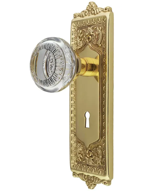 Top Rated Egg & Dart Design Mortise-Lock Set with Ovolo Crystal-Glass Knobs - Polished Brass