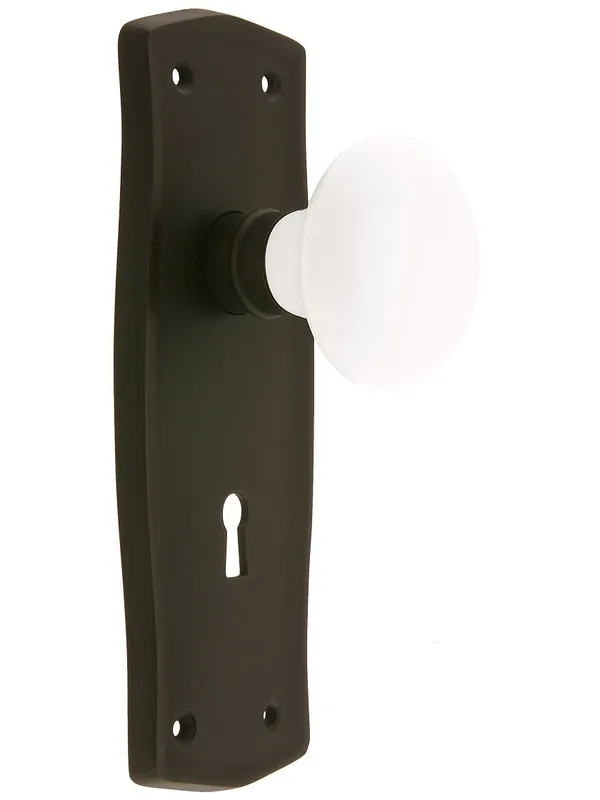 Secure Checkout Prairie Design Mortise Lock Set With White Porcelain Door Knobs - Oil-Rubbed Bronze