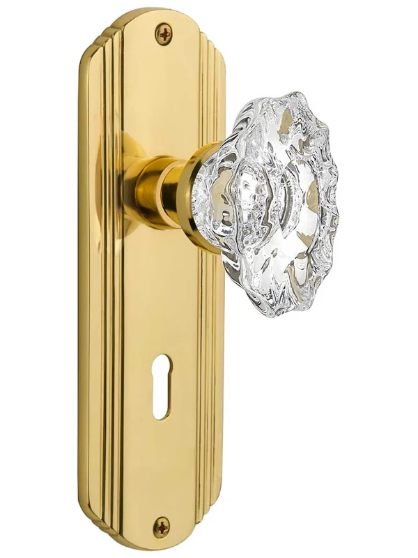 Streamline Deco Mortise-Lock Set with Chateau Crystal Glass Knobs - Un-Lacquered Brass Hassle-Free Returns
