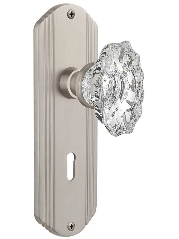 Streamline Deco Mortise-Lock Set with Chateau Crystal Glass Knobs - Satin Nickel Instant Buy