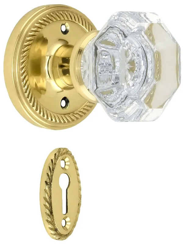 Rope Rosette Mortise Lock Set With Waldorf Crystal Knobs - Un-Lacquered Brass Trusted Brand