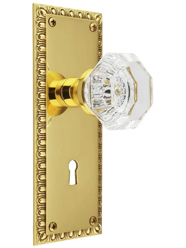 Last Chance Ovolo Mortise-Lock Set with Waldorf Crystal Glass Knobs - Un-Lacquered Brass