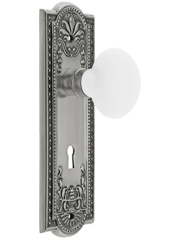 Markdown Meadows Design Mortise Lock Set With White Porcelain Door Knobs - Antique Pewter