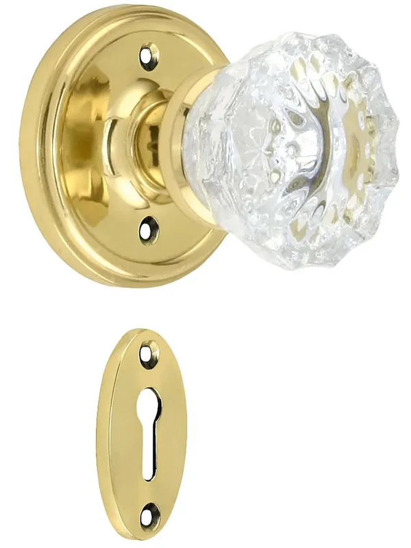 Cheap Classic Rosette Mortise Lock Set With Fluted Crystal Door Knobs - Un-Lacquered Brass