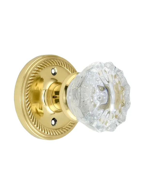 Rope Rosette Door Set With Fluted Crystal Glass Door Knobs - Polished Brass - Passage - 2 3/4 Genuine