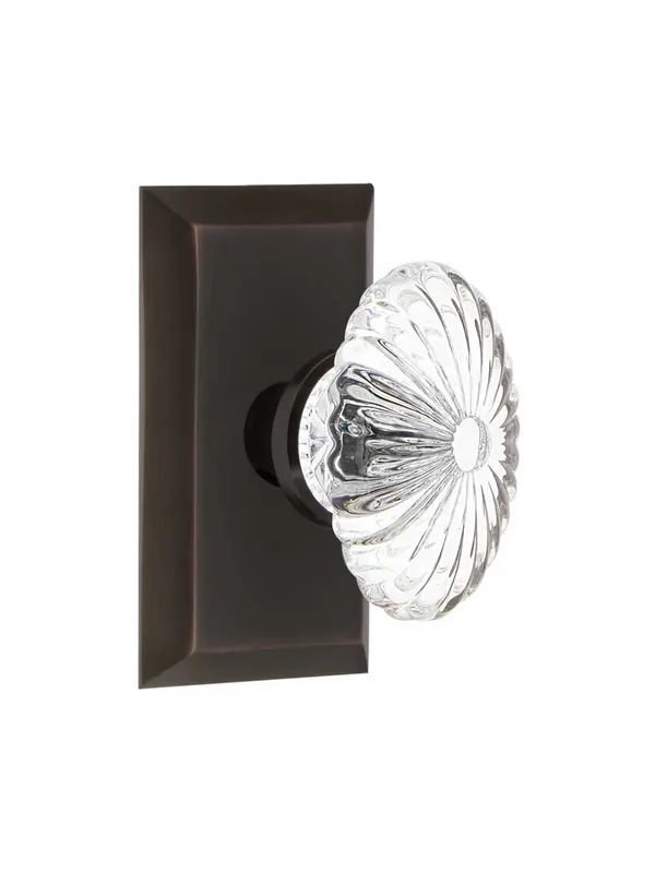 Exclusive New York Rosette Door Set with Oval Fluted-Crystal Glass Knobs - Timeless Bronze - Privacy - 2 3/8
