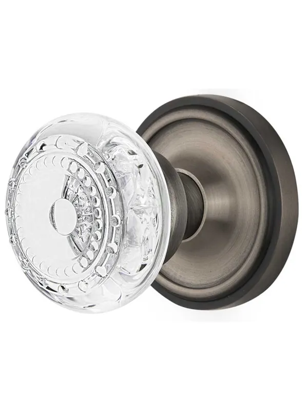 Special Discount Classic Rosette Door Set with Meadows Crystal-Glass Knobs - Antique Pewter - Privacy - 2 3/4