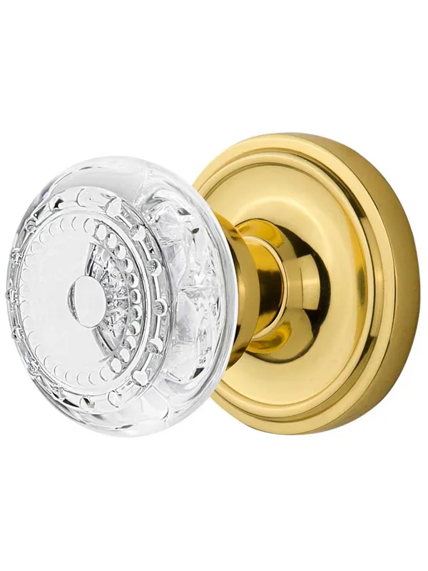 Price Cut Classic Rosette Door Set with Meadows Crystal-Glass Knobs - Polished Brass - Privacy - 2 3/4