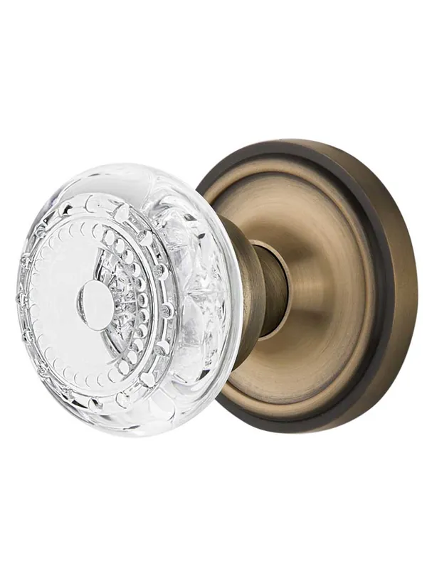 Factory Price Classic Rosette Door Set with Meadows Crystal-Glass Knobs - Antique Brass - Passage - 2 3/8