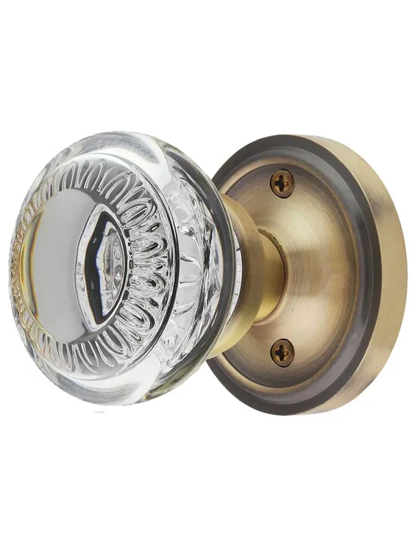 Classic Rosette Door Set with Ovolo Crystal-Glass Knobs - Antique Brass - Passage - 2 3/4 Exclusive