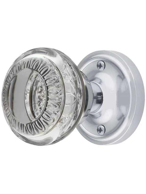 Classic Rosette Door Set with Ovolo Crystal-Glass Knobs - Polished Chrome - Passage - 2 3/4 Money Back Guarantee
