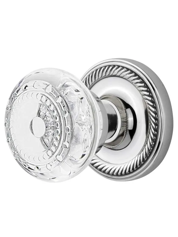 Free Shipping Rope Rosette Door Set with Meadows Crystal-Glass Knobs - Polished Chrome - Privacy - 2 3/4