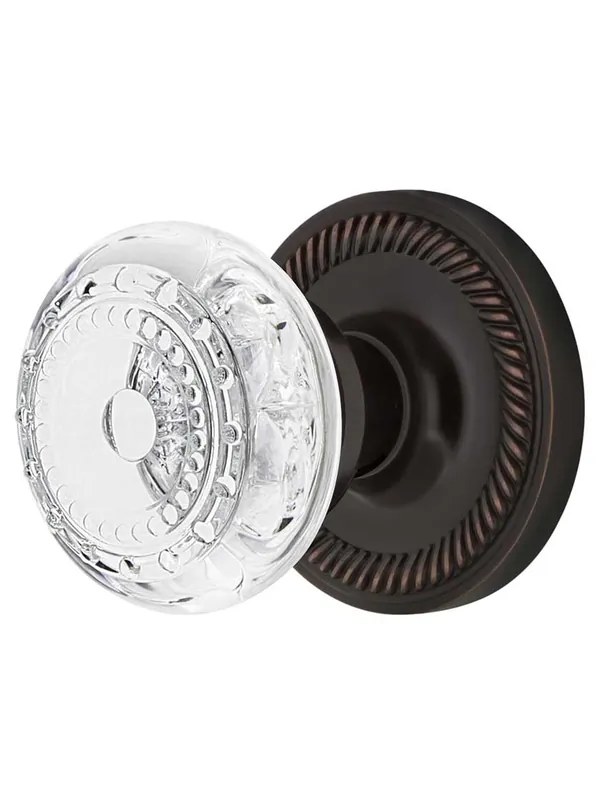 Rope Rosette Door Set with Meadows Crystal-Glass Knobs - Timeless Bronze - Privacy - 2 3/8 Certified