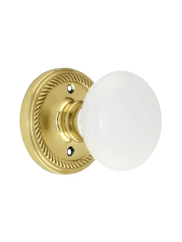 Rope Rosette Door Set With White Porcelain Door Knobs - Un-Lacquered Brass - Privacy - 2 3/4 Authentic