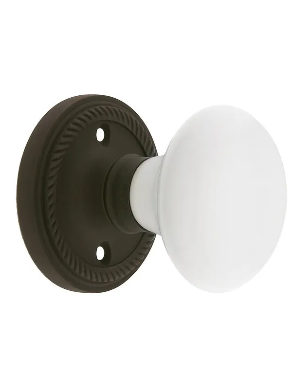 Rope Rosette Door Set With White Porcelain Door Knobs - Oil-Rubbed Bronze - Single Dummy Grab Now