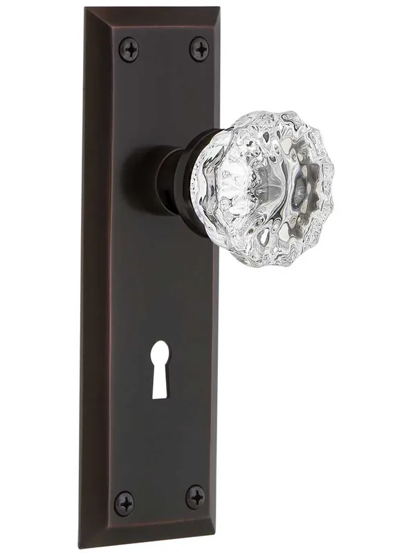 New York Style Door Set With Fluted Crystal Glass Door Knobs - Timeless Bronze - Passage - 2 3/8 High Quality
