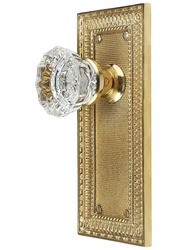 Same Day Shipping Pisano-Design Door Set with Fluted Crystal Glass Knobs - Un-Lacquered Brass - Double Dummy