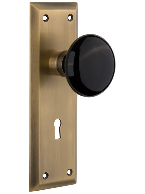 New York Style Door Set with Black Porcelain Knobs - Antique Brass - Single Dummy Get Yours