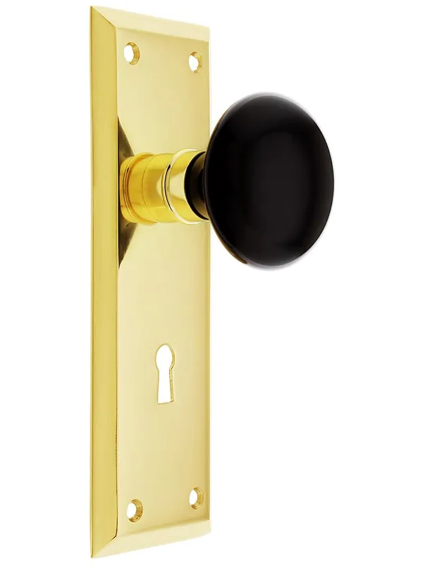 New York Style Door Set with Black Porcelain Knobs - Un-Lacquered Brass - Privacy - 2 3/4 Crafted
