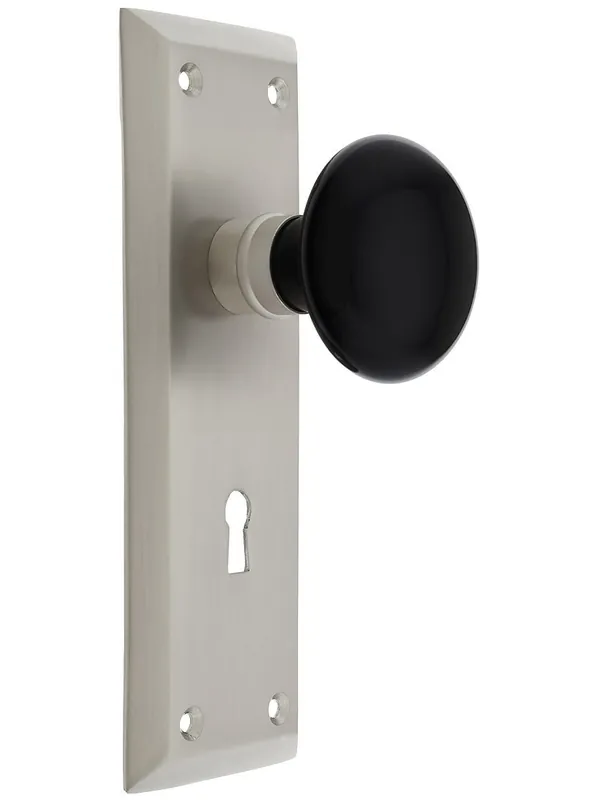 Viral New York Style Door Set with Black Porcelain Knobs - Satin Nickel - Double Dummy