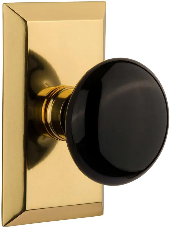 Fast Shipping New York Rosette Door Set with Black Porcelain Knobs - Polished Brass - Double Dummy