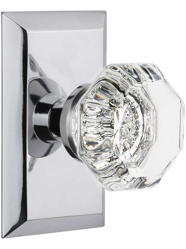 New York Rosette Door Set with Waldorf-Crystal Glass Knobs - Polished Chrome - Passage - 2 3/8 Wholesale