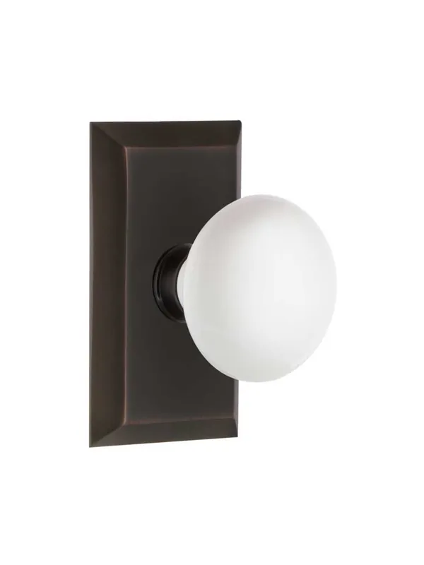 Next Day Delivery New York Rosette Door Set with White Porcelain Knobs - Timeless Bronze - Privacy - 2 3/8